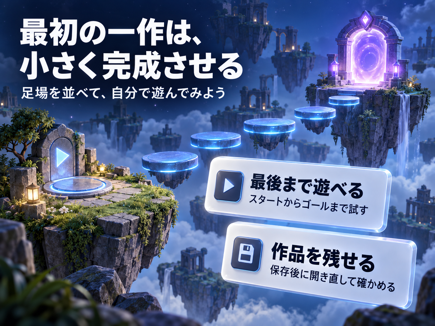 立体的なゲームコースで示す最初の一作の完成条件。最後まで遊べることと、保存後に開き直して作品を確かめること。