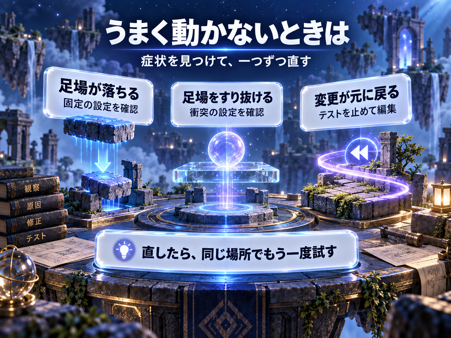 足場が落ちるときは固定、すり抜けるときは衝突の設定を確認。変更が戻るときはテストを止めて編集し、同じ場所で再度試す。