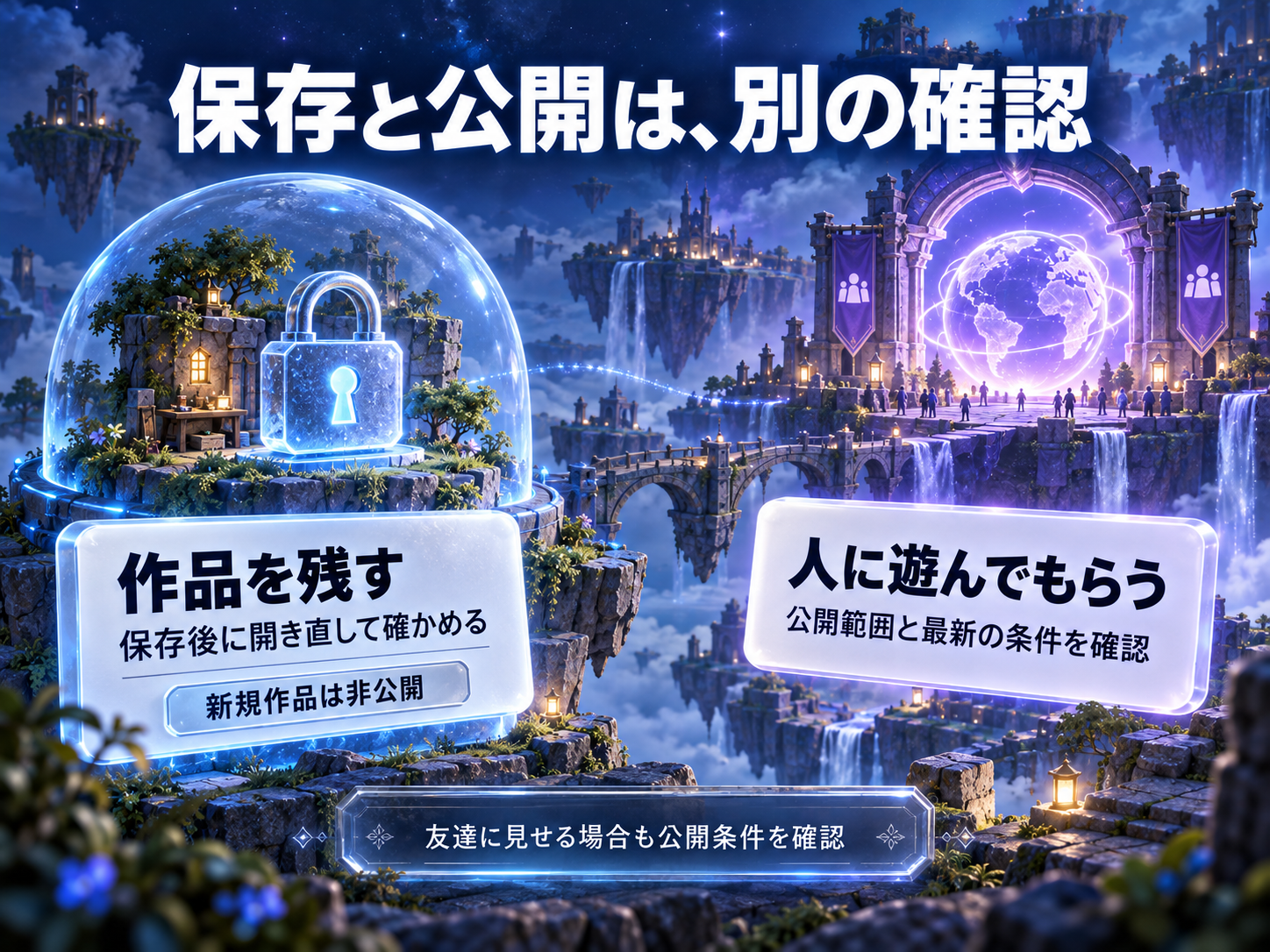 保存と公開を分けて考える概念図。作品は保存後に開き直して確認し、人に遊んでもらう前に公開範囲と最新の条件を確認する。