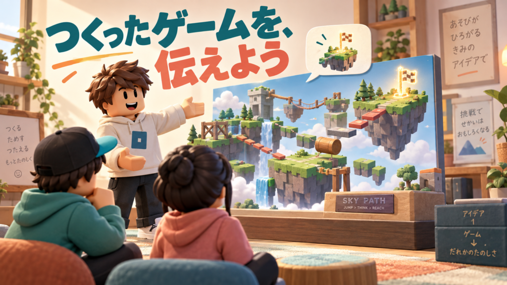自作の空中コースを二人の聞き手に紹介する、ゲーム作品発表のイメージ