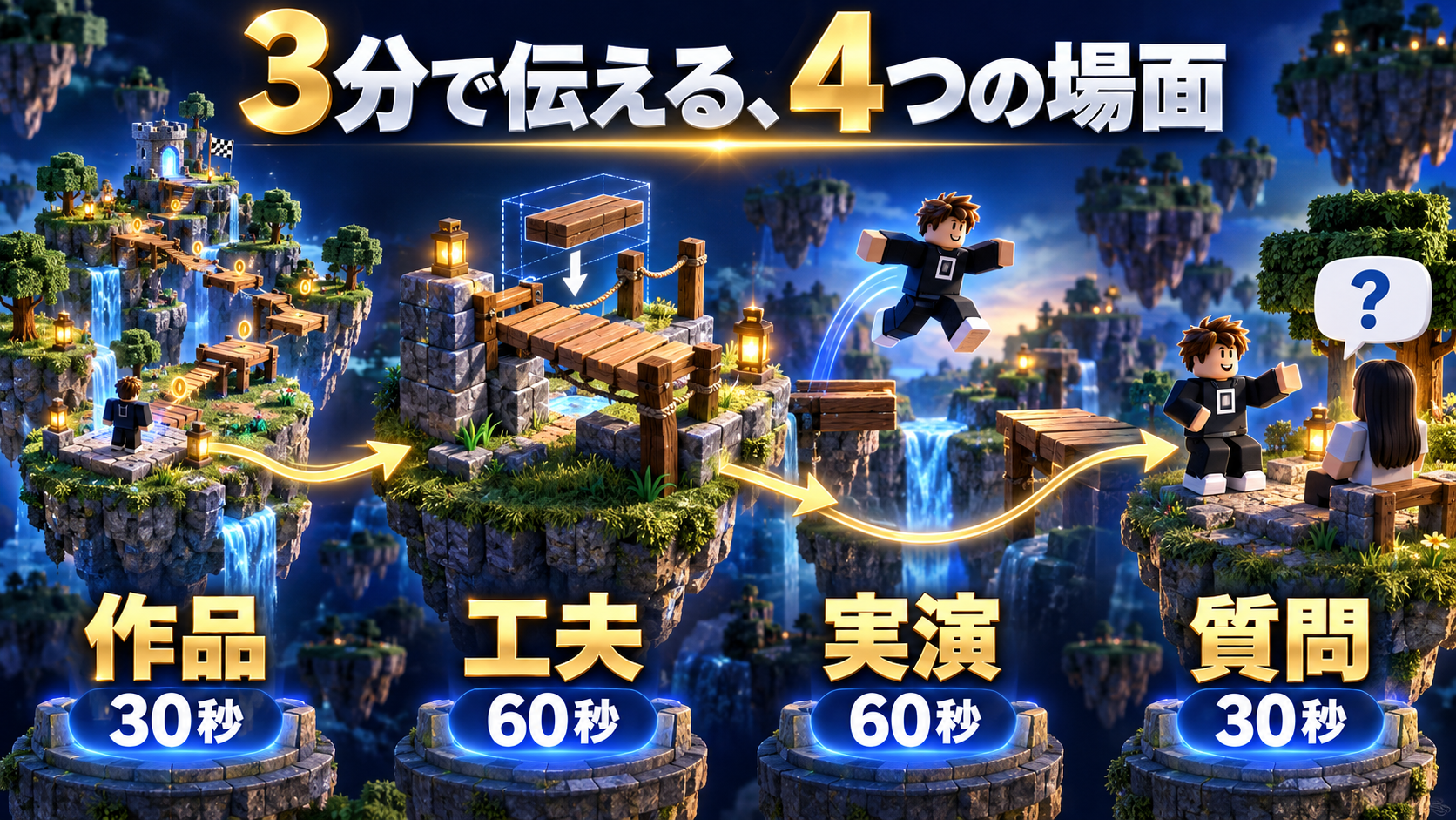 3分の発表構成例。作品紹介30秒、工夫の説明60秒、実演60秒、質問30秒