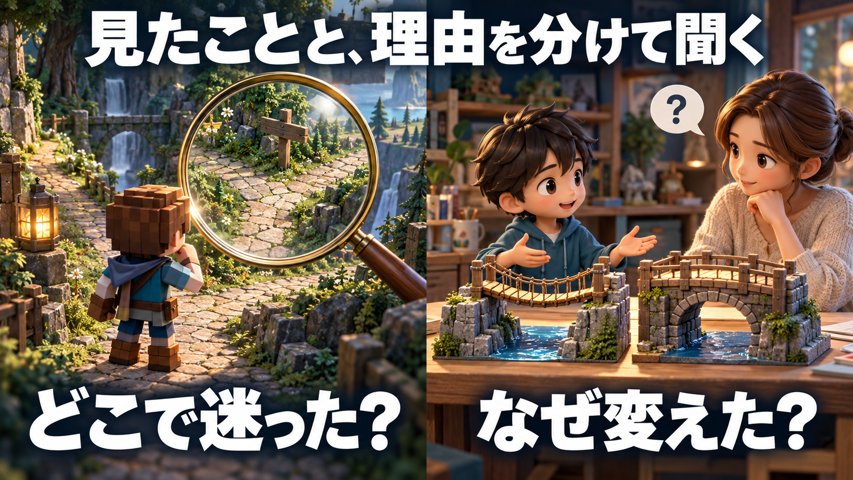 分かれ道で迷った場面を観察することと、橋を変えた理由を作り手に聞くことを分けた図