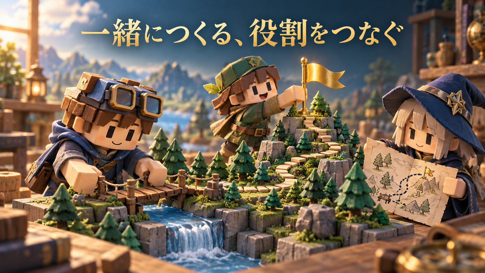 橋、旗、地図を分担して一つの森のコースを作る三人の制作者