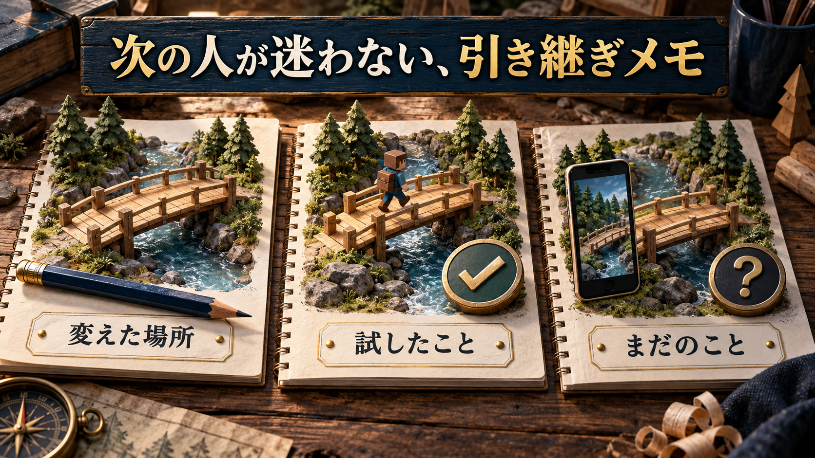 変えた橋、歩いて試したこと、未確認のスマートフォンを引き継ぎメモに分けた図