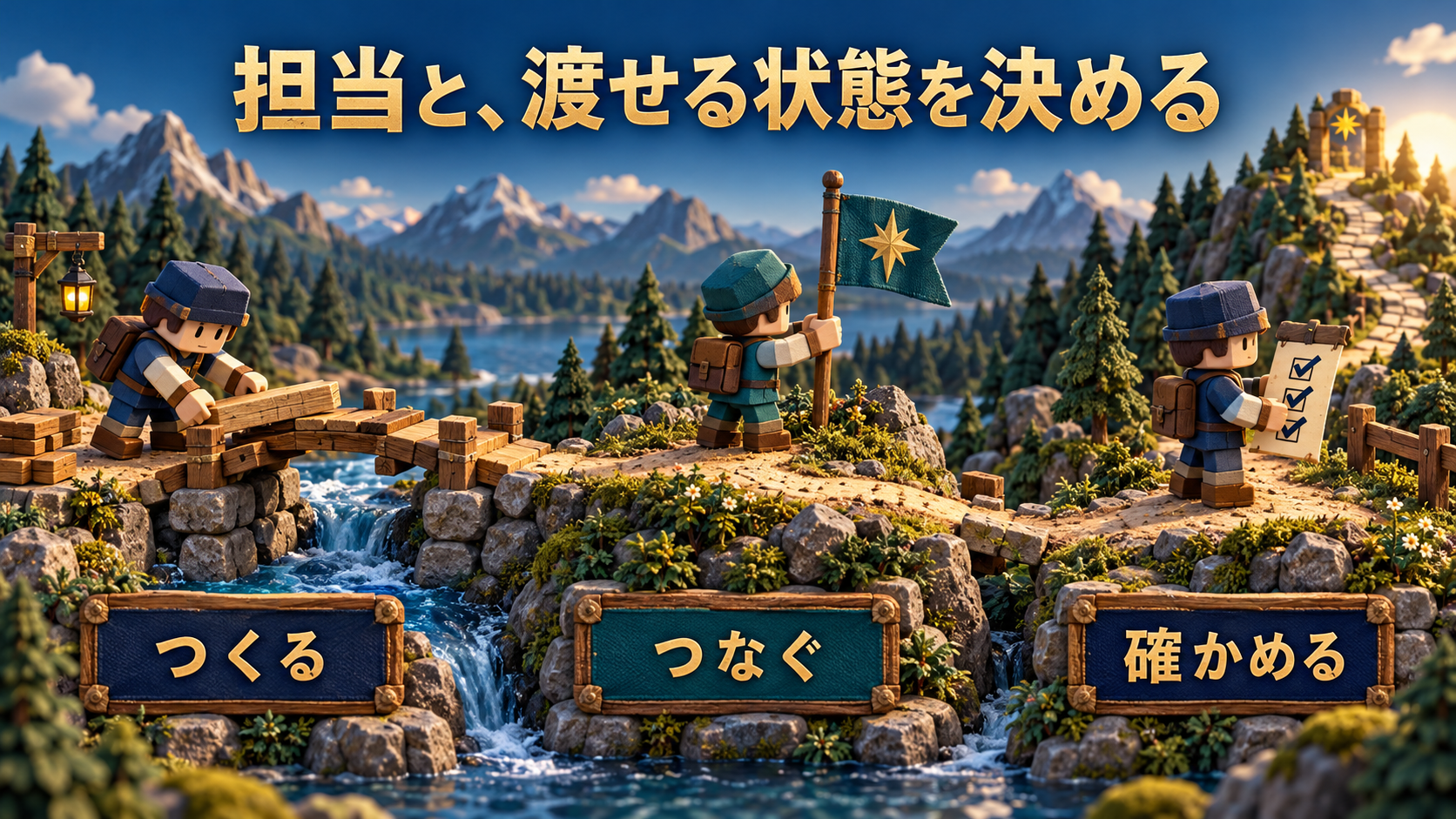 橋をつくる、コースをつなぐ、確かめるという共同制作の役割を示す図