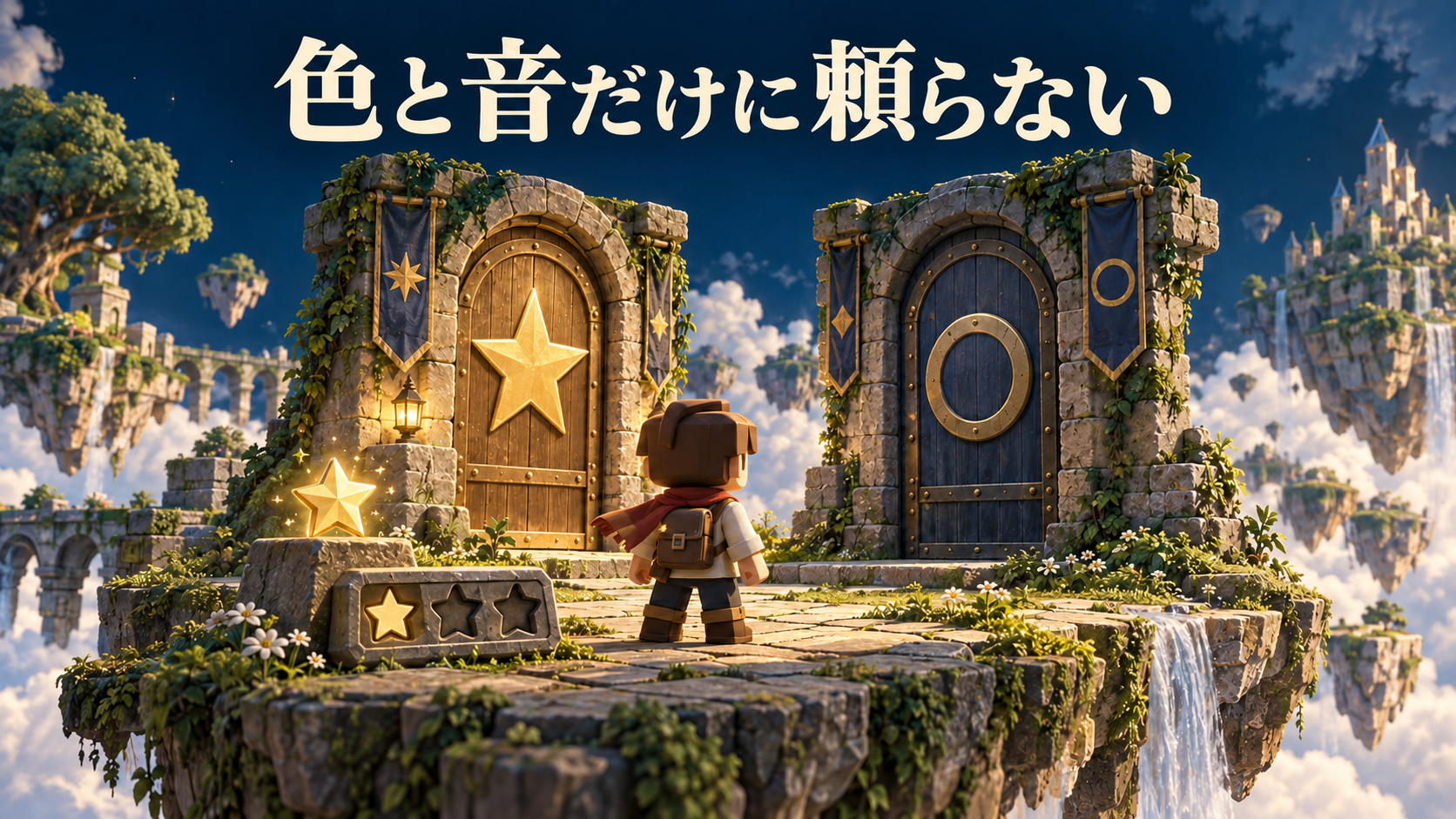 星と丸の形がある扉と、星の取得数を示す森のゲームの案内
