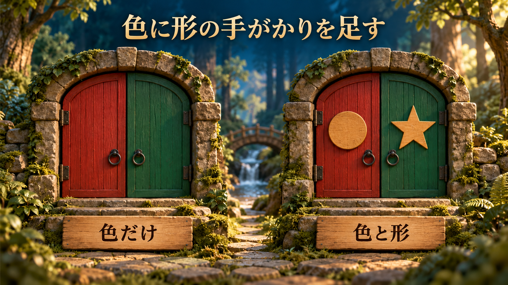色だけの扉と、色に丸と星の形を加えた扉を比較した図